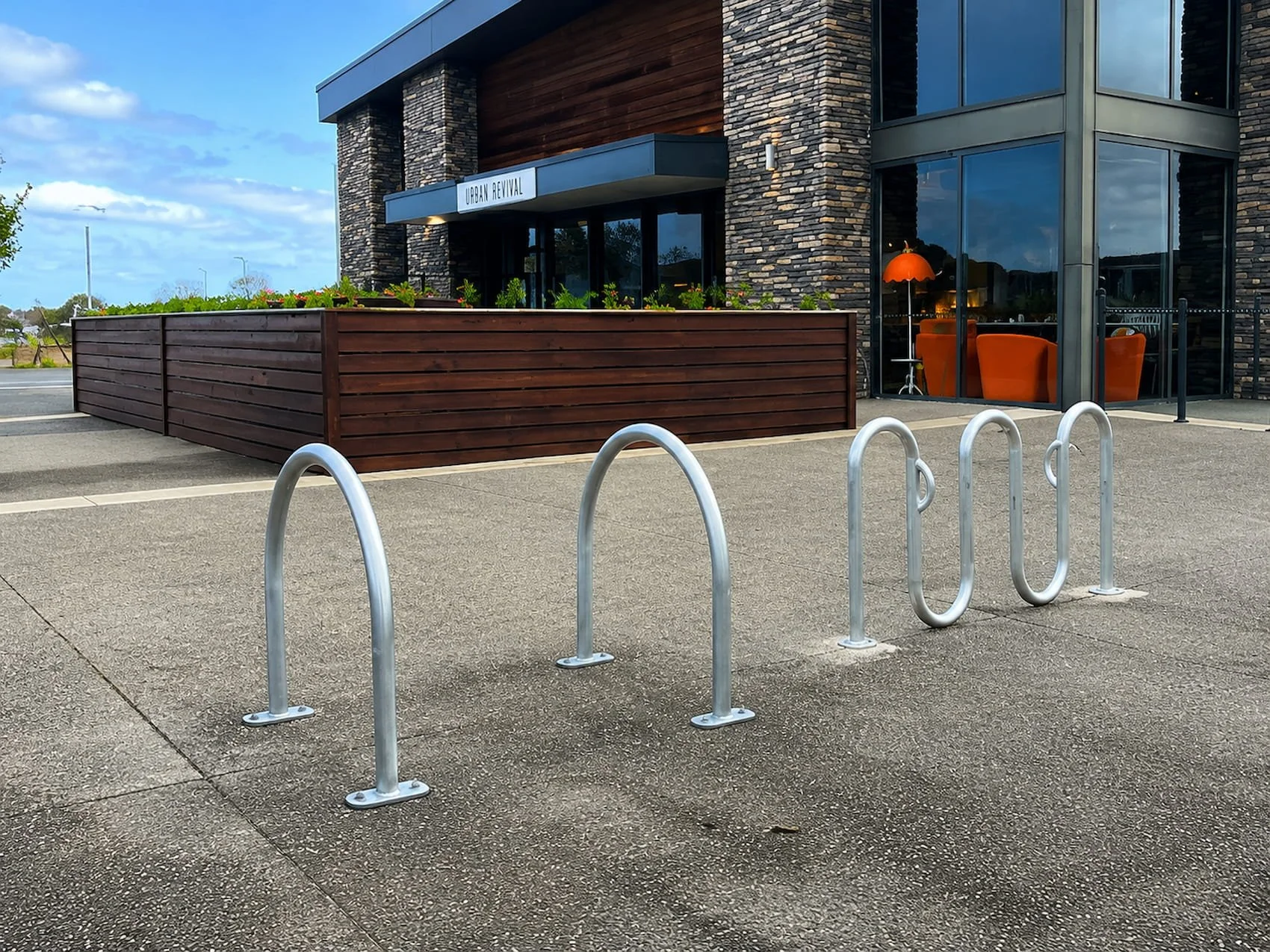 Bicycle parking racks at Silverstream Retail Village in Kaiapoi, North Canterbury, providing convenient cycling access to local shops, cafés, restaurants and professional services.
