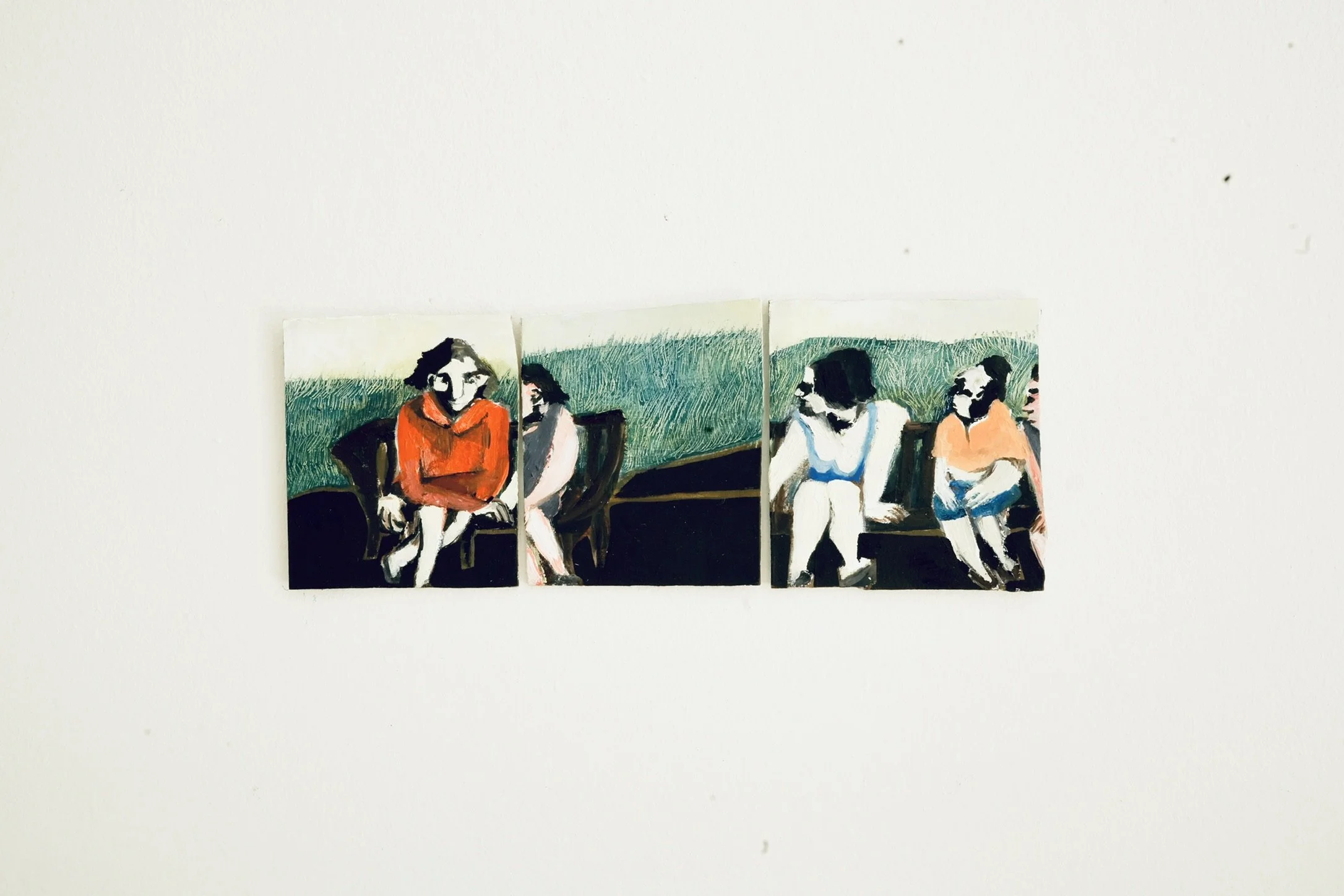 'Ladies in the park giving false confessions.' Approx 27cm x 10cm. Oil on board 
