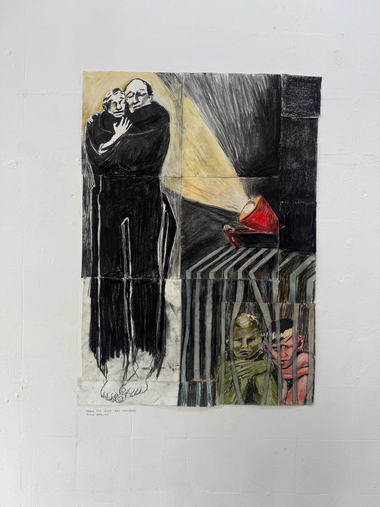 'Hold me tighter, I'm slipping'.  50cm x 70cm. Charcoal on paper. 