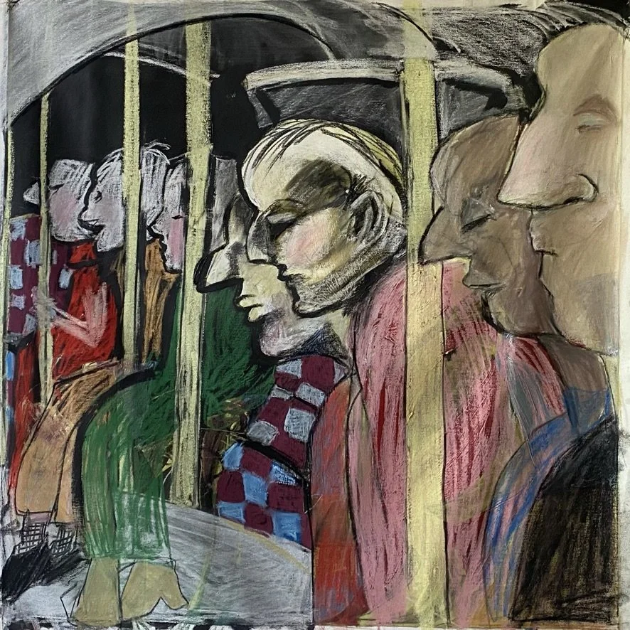'To the Park!'. 90cm x 90cm. Acrylic, charcoal and chalk on Canvas. 