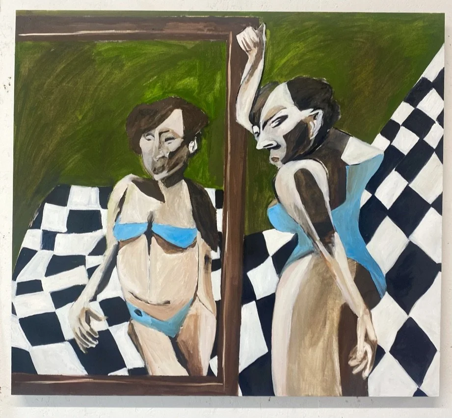 'Practicing in the hotel toilet'. 100cm x 90cm. Oil on Canvas