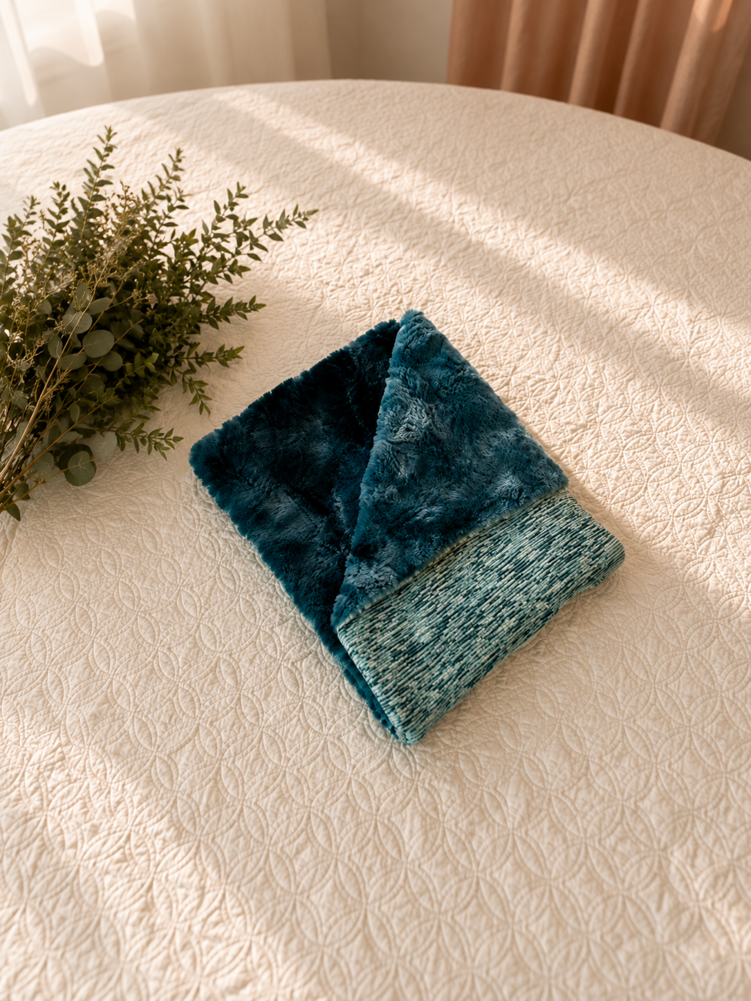 A folded blue faux fur blanket on a white quilted bed next to a bunch of green foliage.
