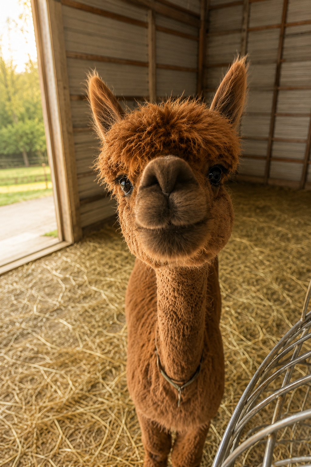 Close-up of a brown alpaca with woolly fur inside a barn, looking directly at the camera.