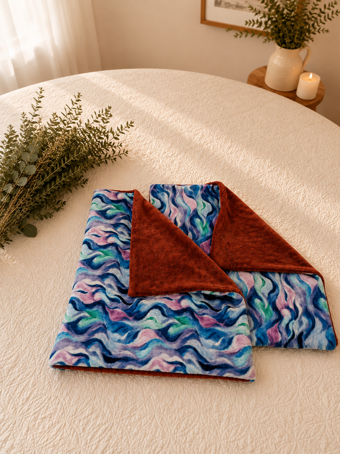 Colorful patterned fabric with a red-brown underside, placed on a cream-colored quilted bedspread. There is a branch of green foliage on the bed, a bedside table with a potted plant, a lit candle, and a framed picture hanging on the wall.