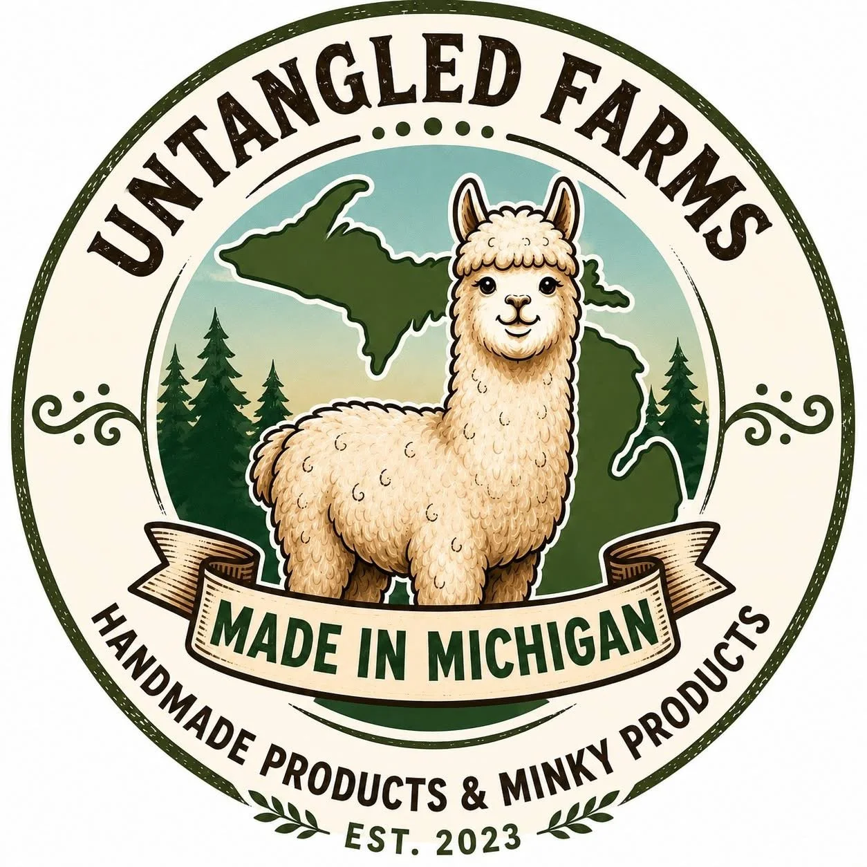 A circular logo for Untangled Farms featuring a llama with a background of trees and the state of Michigan. Text includes "Made in Michigan" and "Handmade Products & Minky Products," established in 2023.