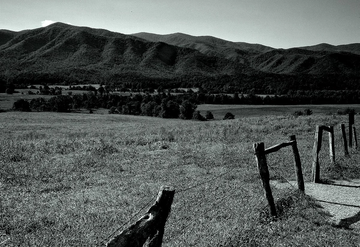 Black and white photo of a rural landscape with rolling hills in the background, a fenced dirt road on the right, and a field with tall grass in the foreground.