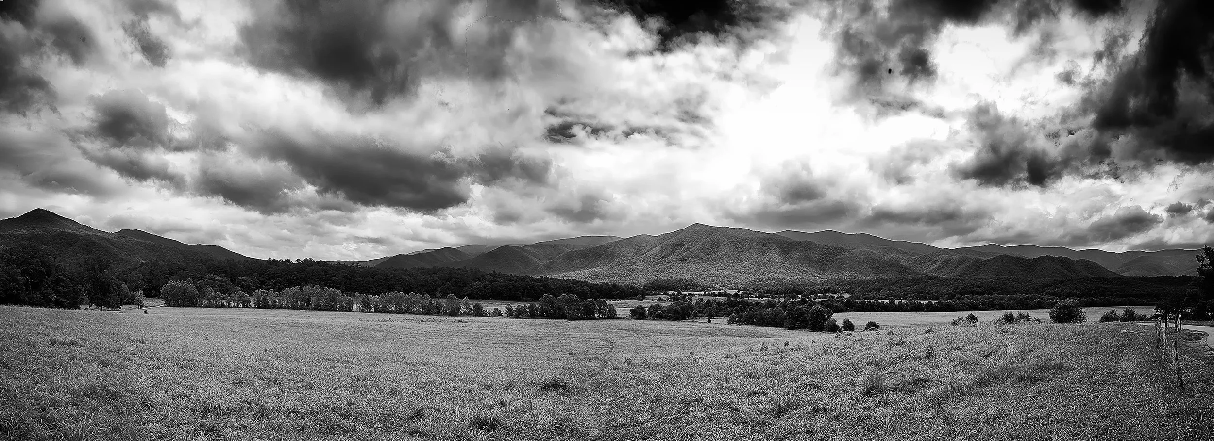 A black and white landscape featuring open grassy fields in the foreground, a line of trees, and rolling hills or mountains under a cloudy sky.