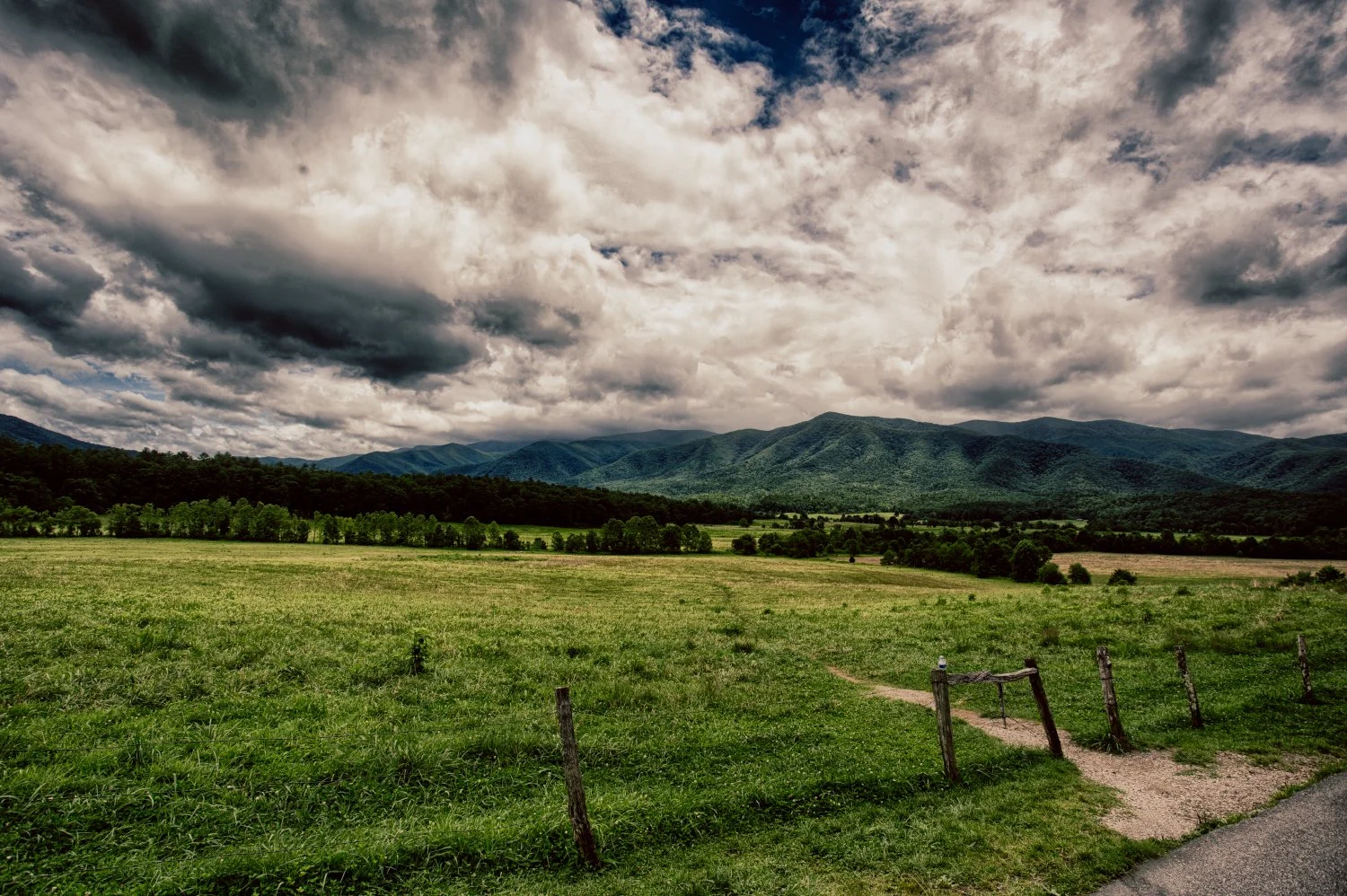 Green field with a dirt path and a rustic wooden fence, mountains in the distance under a cloudy sky.