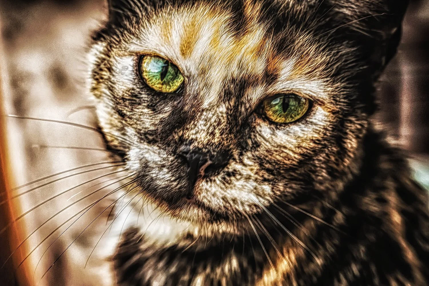 Close-up of a tabby cat with striking green eyes, detailed fur, and whiskers.