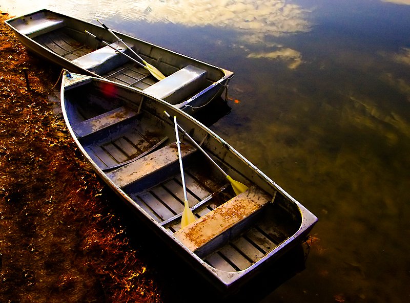 Two metal rowboats with oars, tied up along the edge of a calm lake or pond, with a reflection of clouds in the water.