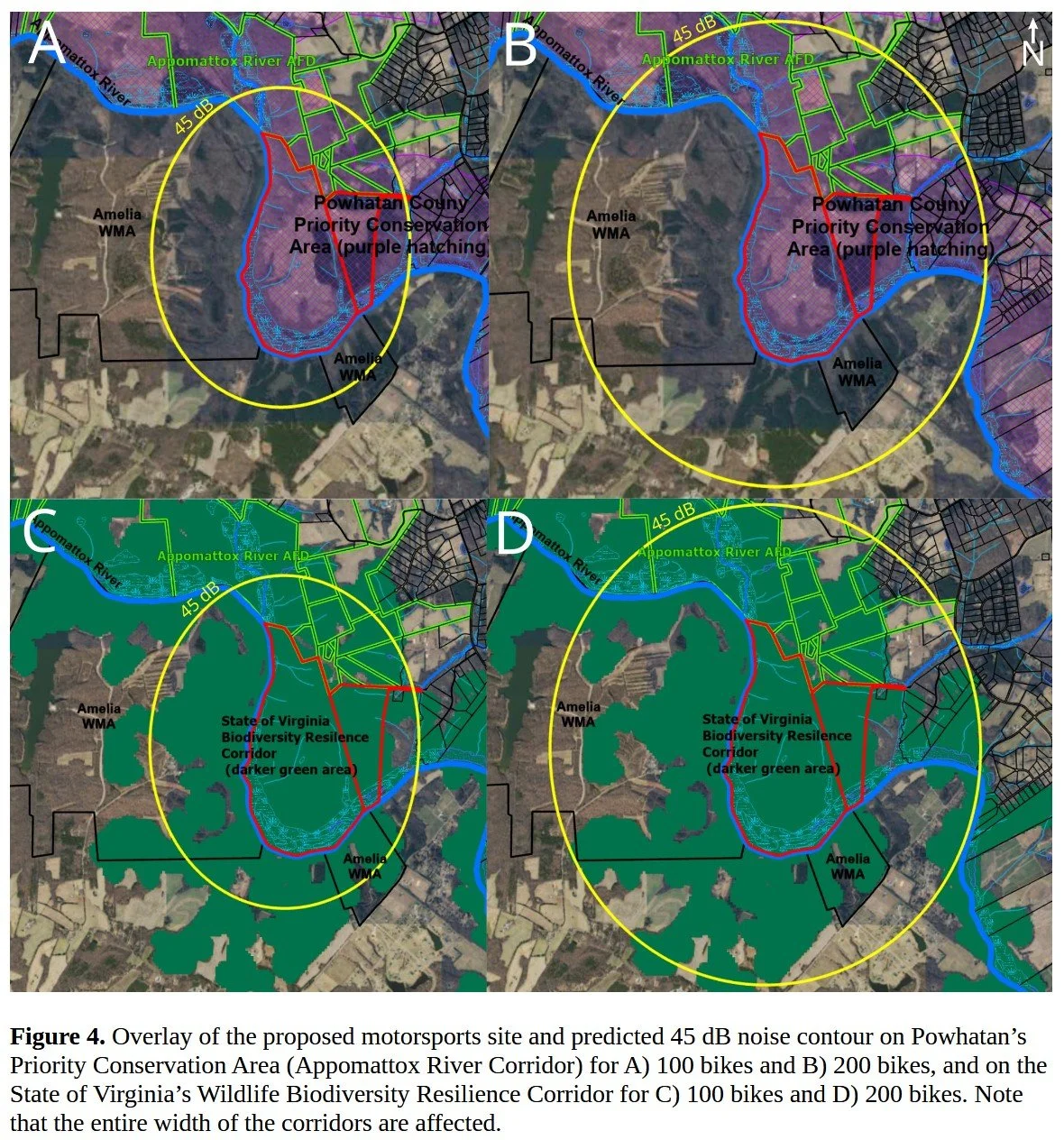 Four maps illustrating a proposed motorsport site and noise contours, with different bike configurations and biodiversity corridors in Virginia, USA.