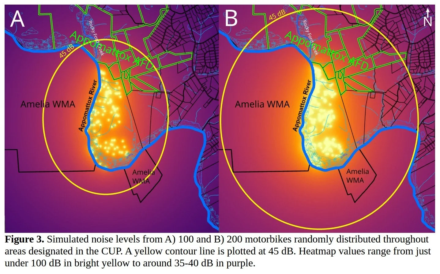 Two maps labeled A and B showing simulated noise levels from 100 and 200 motorbikes respectively, with color gradients indicating noise levels from yellow to purple near the Appomattox River and surrounding areas, including the Amelia WMA and nearby roads.