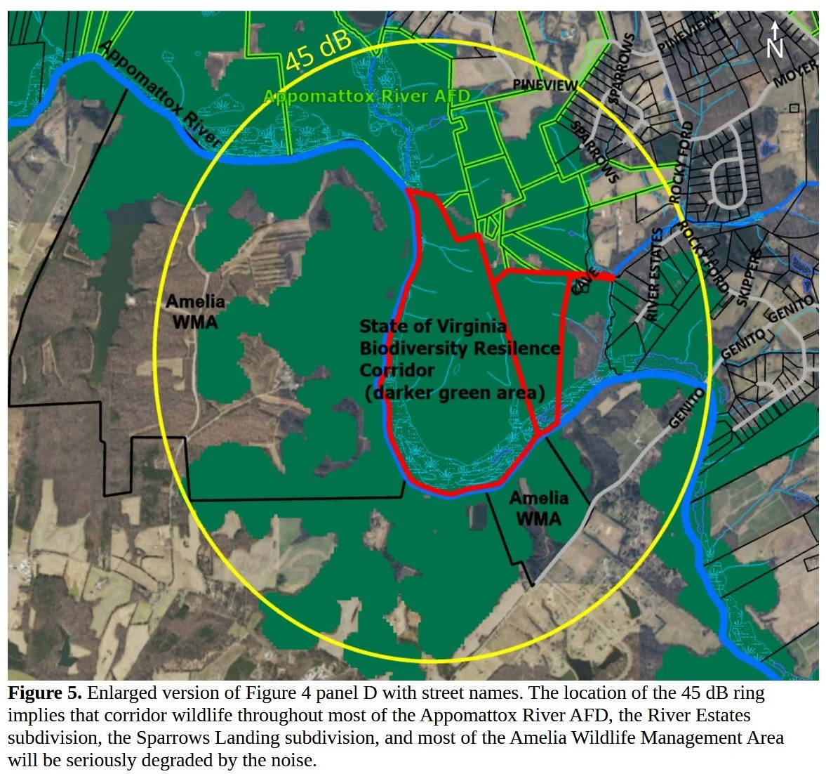 Map showing the Appomattox River, the State of Virginia Biodiversity Resilience Corridor in darker green, Amelia Wildlife Management Area, and surrounding subdivisions with street names. A yellow 45 dB noise ring encircles these areas, indicating the noise impact zone.