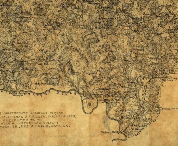 A vintage, hand-drawn map showing a detailed landscape with rivers, terrain, and locations, including the P. P. Oglet Bridge and the Mattrick River. The map has a sepia tone and old-fashioned cartographic style.