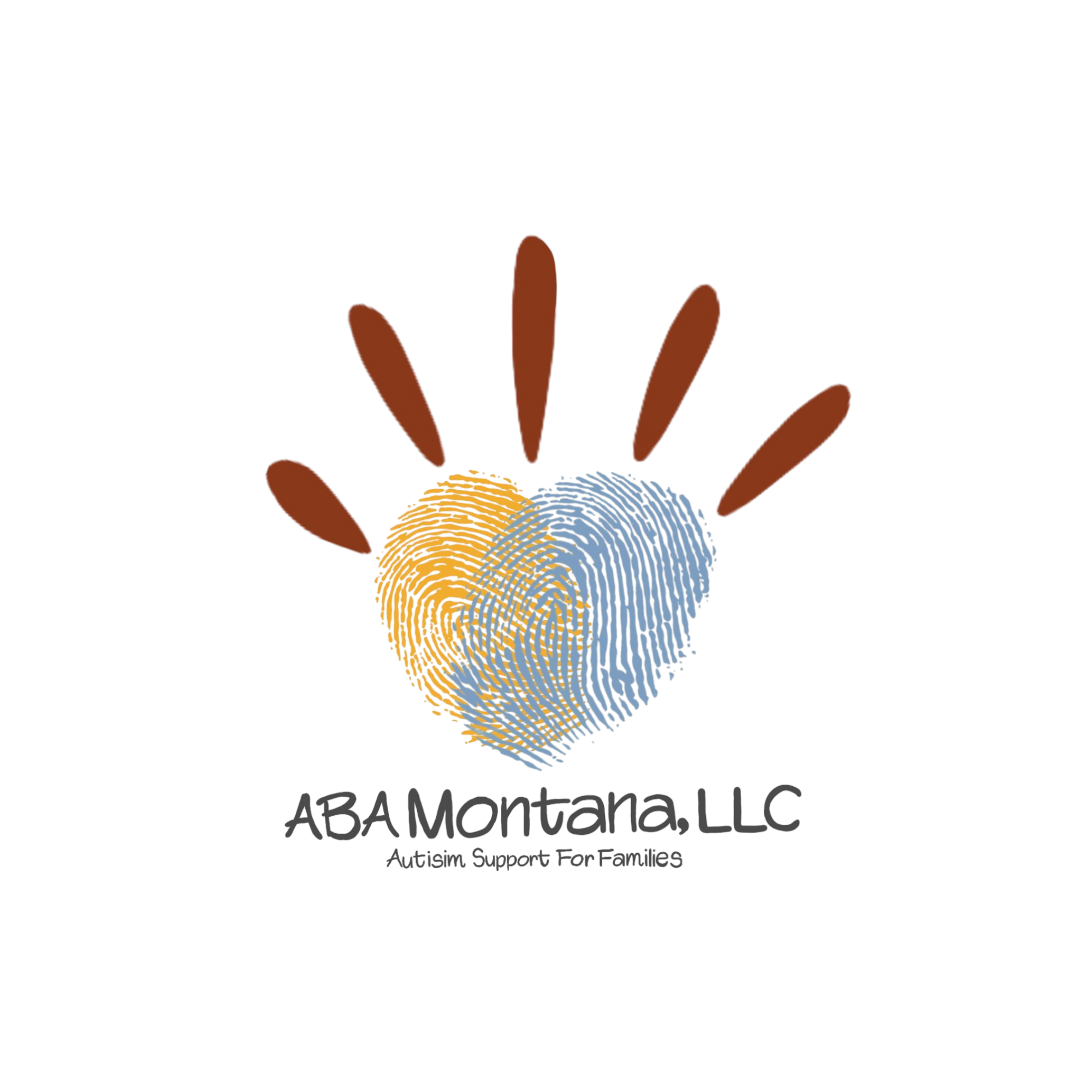 Colorful logo for ABA Montana, Autism Support for Families, featuring a fingerprint in rainbow colors with stylized brown hands around it.