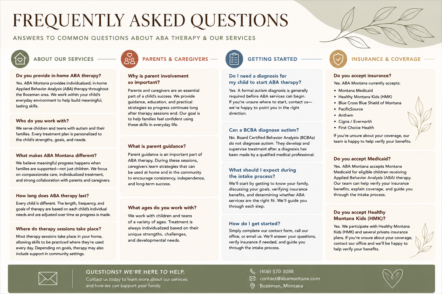 Frequently Asked Questions about ABA therapy and services, including topics about services provided at home, parent involvement, therapy duration, therapy sessions, diagnosis, intake process, insurance coverage, Medicaid acceptance, and Healthy Montana Kids coverage. The layout features sections with headers, icons, and decorative leaf illustrations, with contact information at the bottom.
