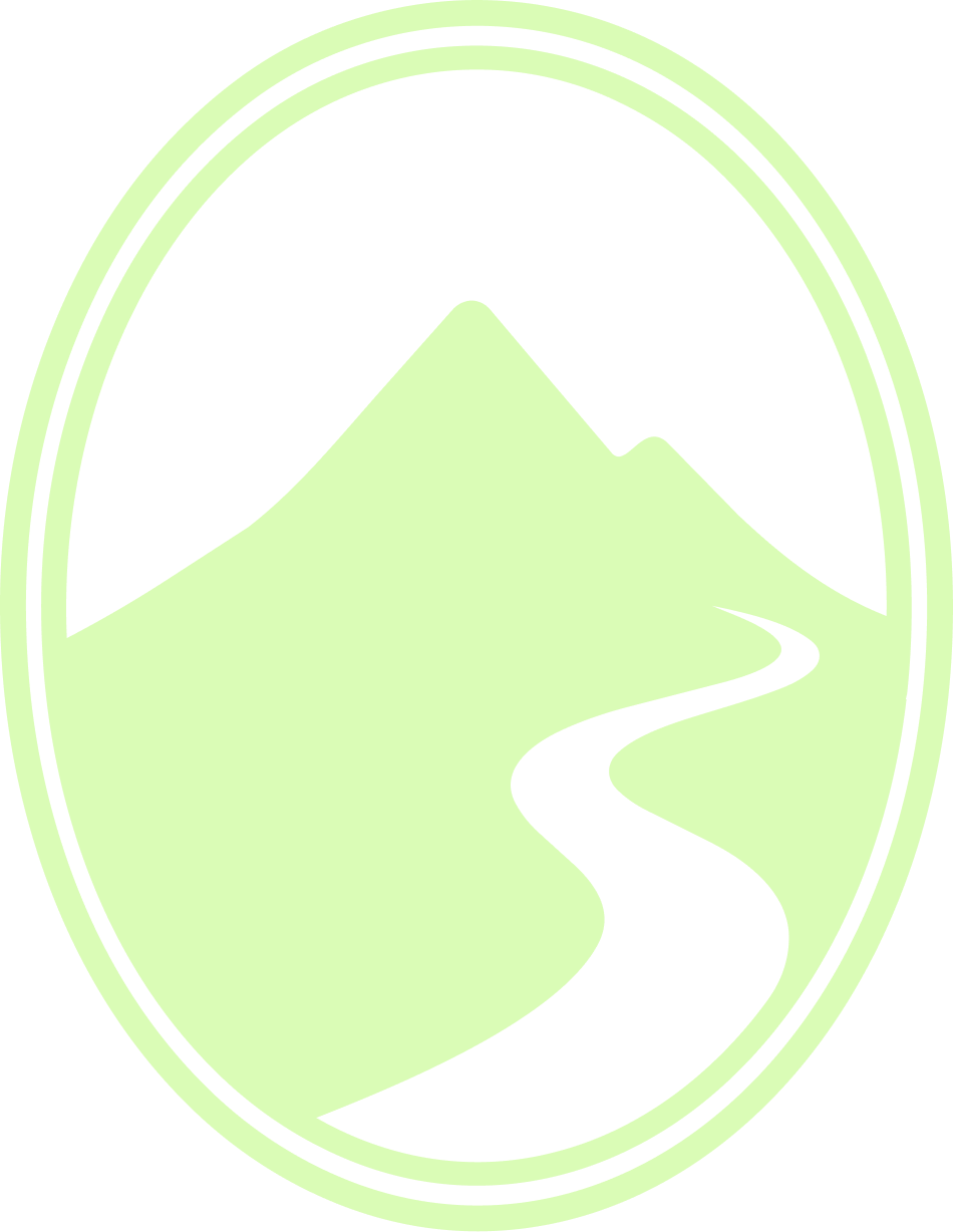 A simplified outdoor logo with a mountain, a winding path, and an oval border in light green and black.