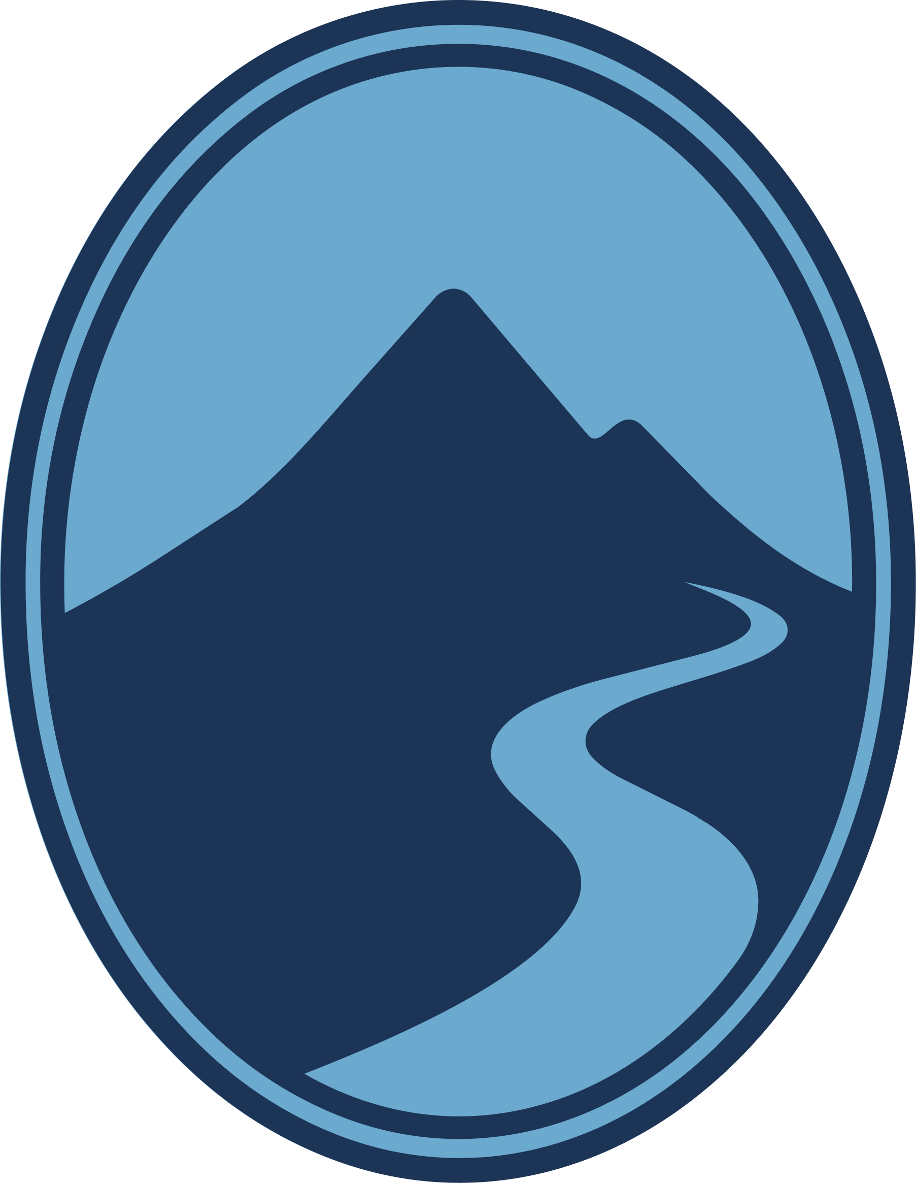 Illustration of a mountain landscape with a winding river in shades of blue.