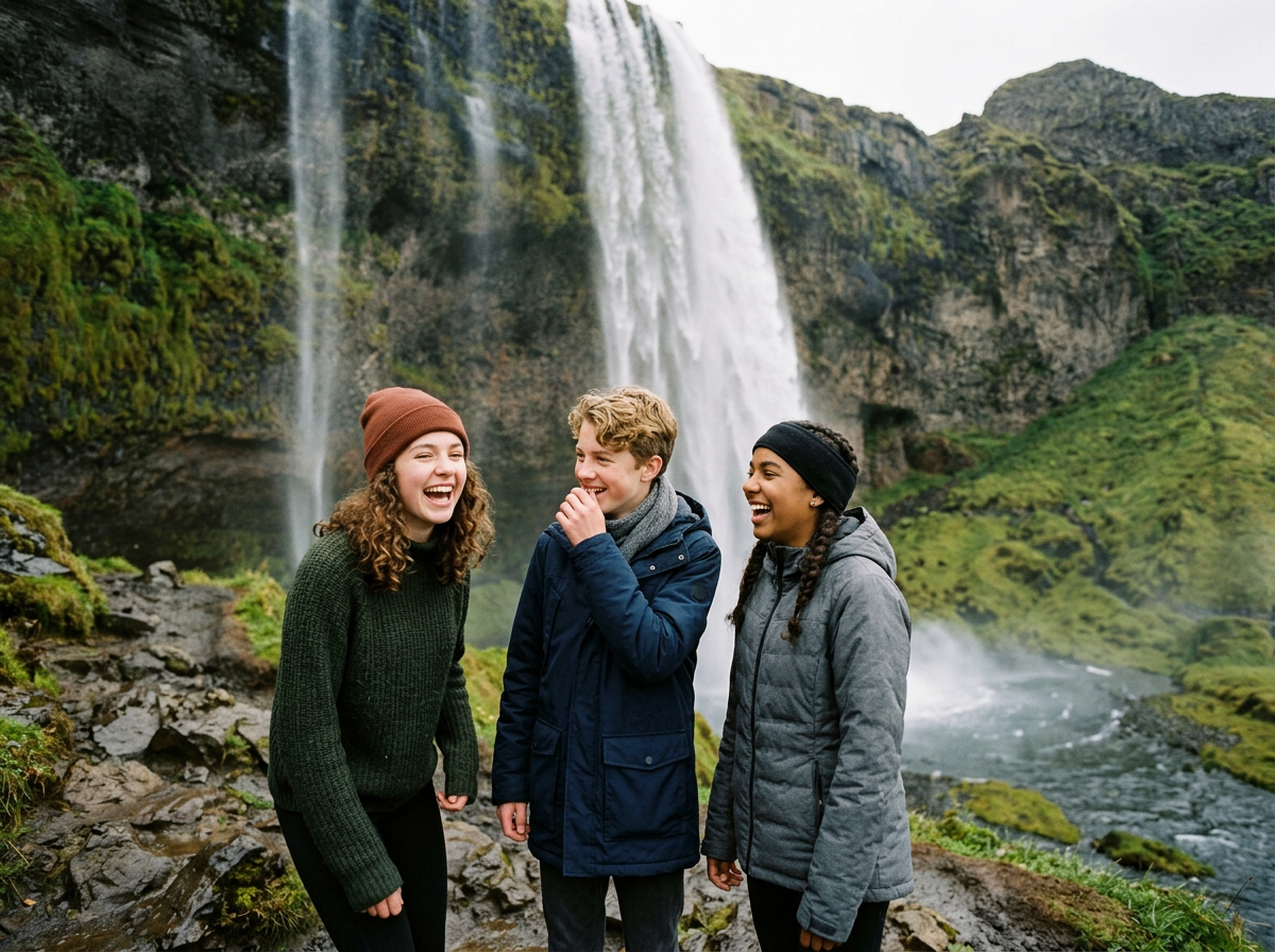Three teenagers, two girls and one boy, laughing and sharing a moment of joy in front of a scenic waterfall surrounded by lush green moss and rocks.