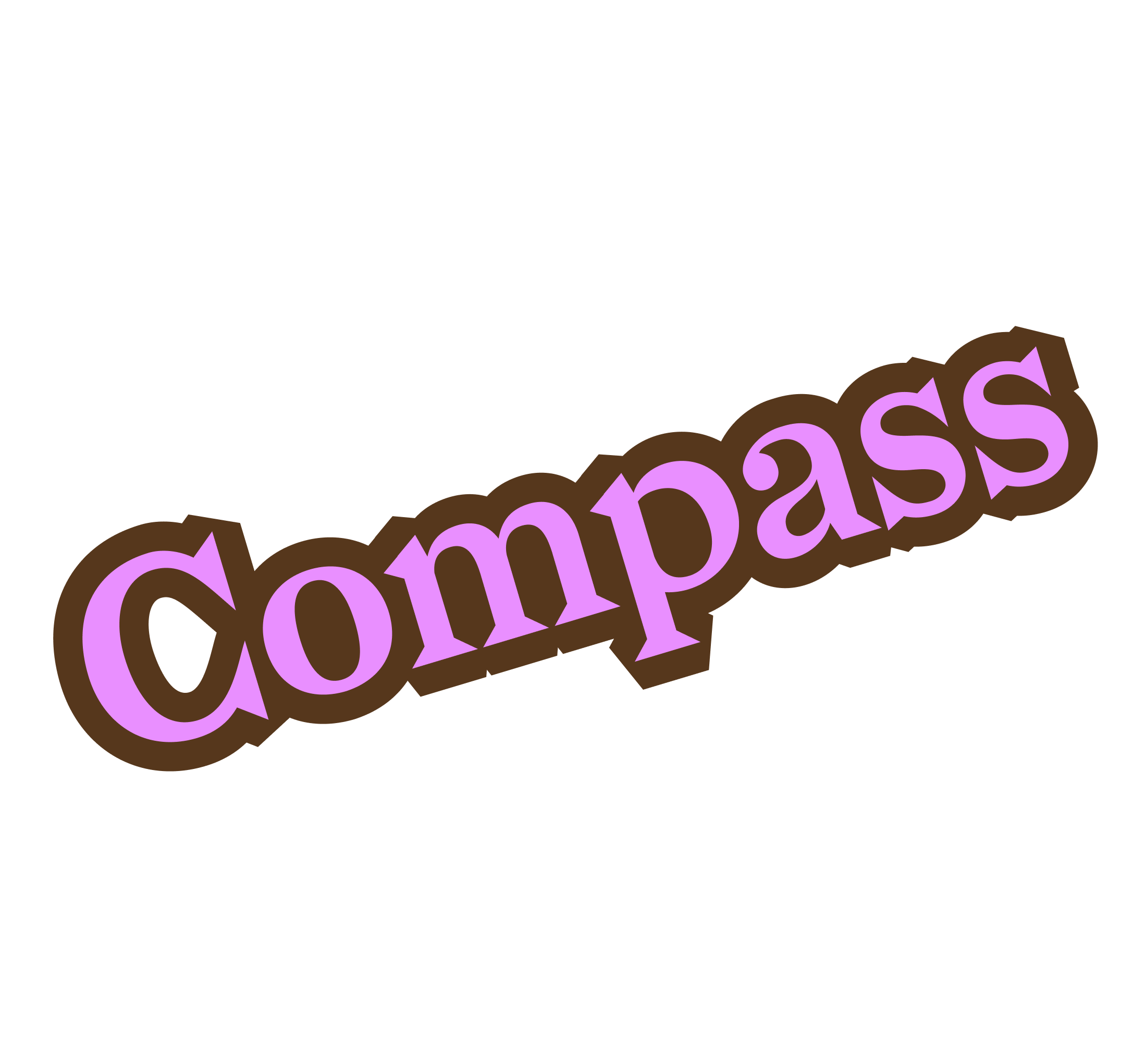 Colorful text saying 'Compass' written in purple with a brown outline, on a black background.