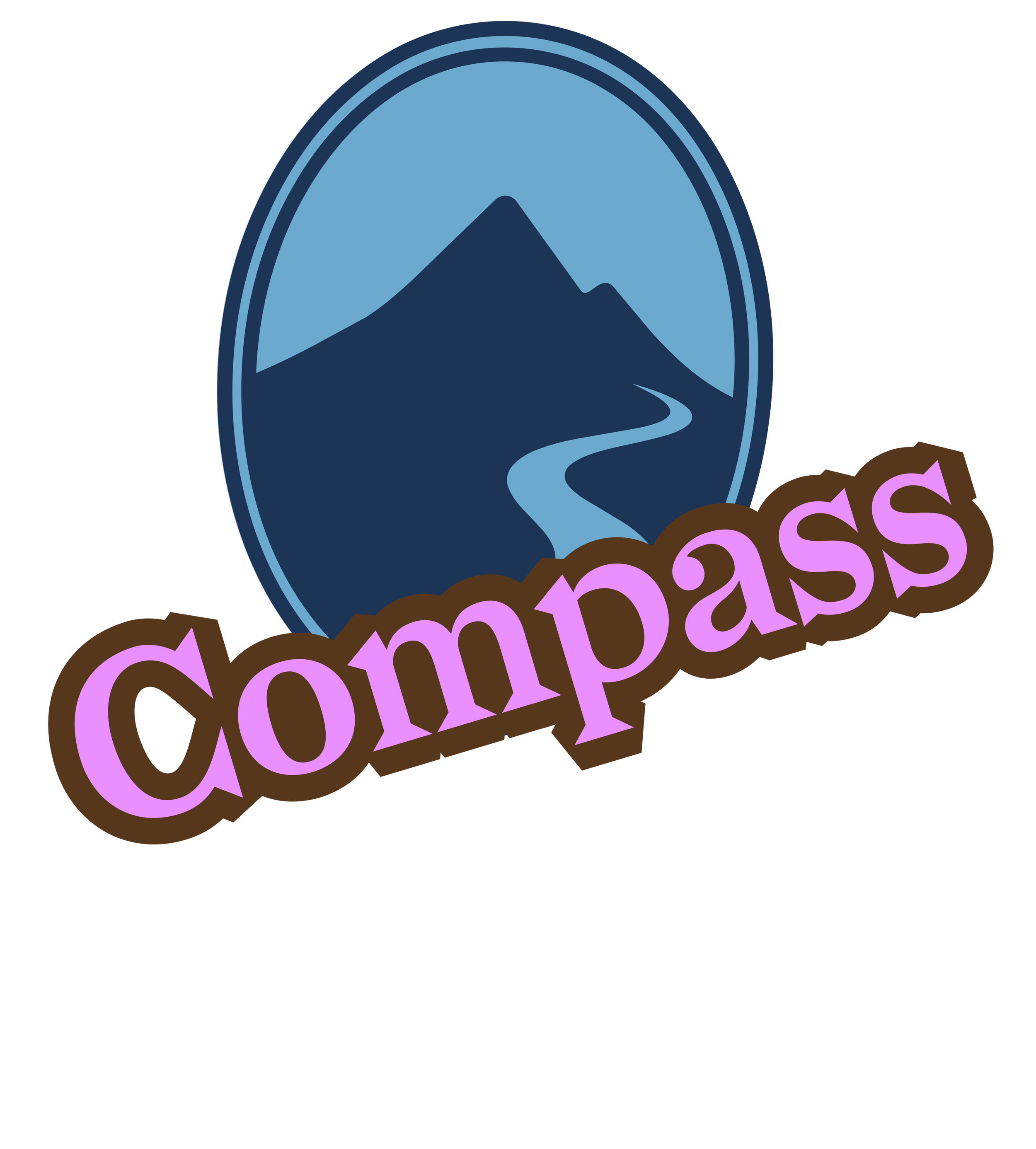 Digital badge featuring a mountain and river inside an oval with outer rings, and the word 'Comodo' in pink letters outlined in brown.