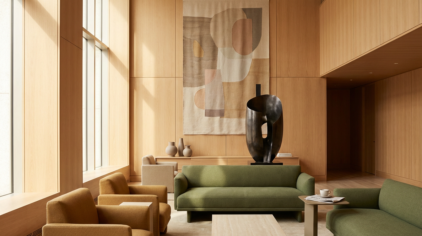Modern living room with wooden walls and large windows, featuring green and beige sofas, a large black abstract sculpture, and decorative vases on a side table.
