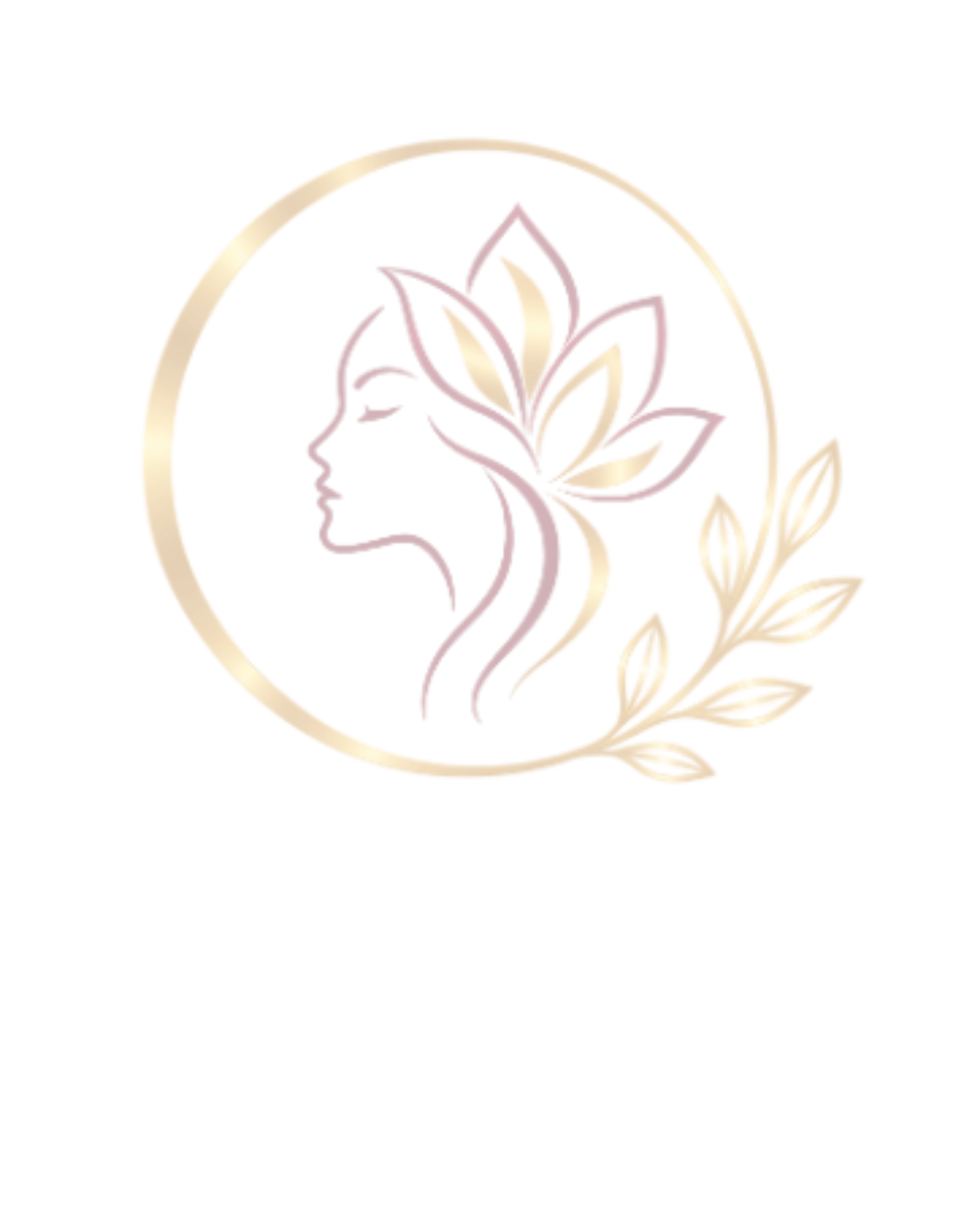 A logo featuring a side profile outline of a woman's face with closed eyes, surrounded by stylized leaves and a circular border, in gold and burgundy colors.