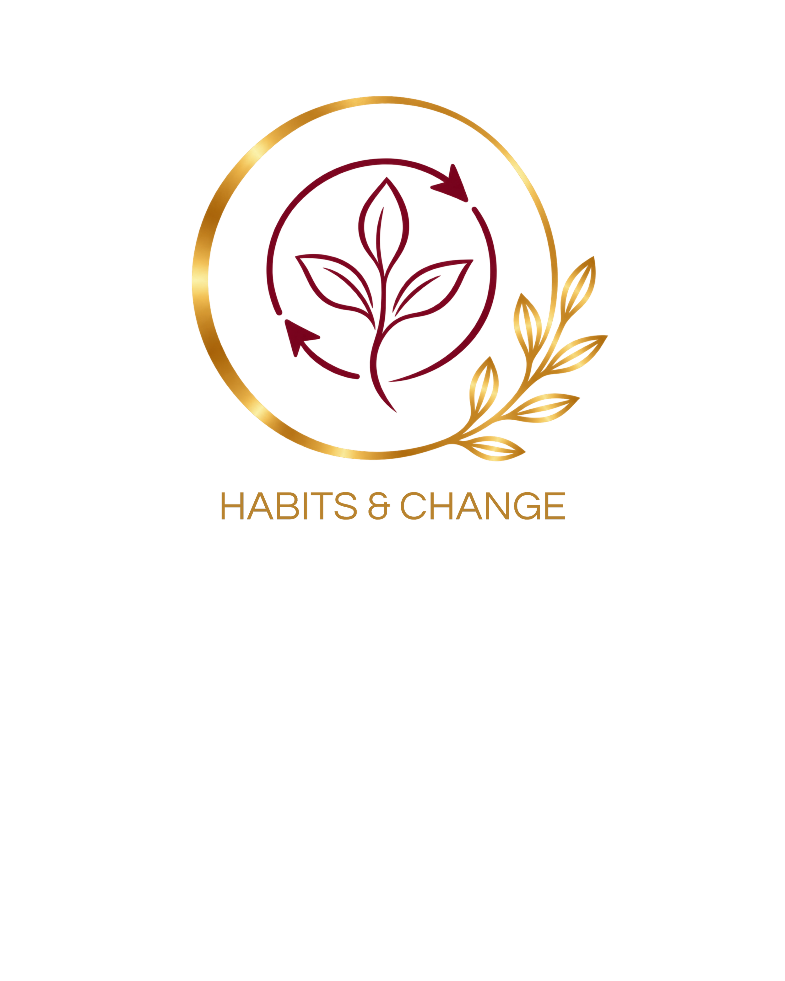 Black background with a gold and maroon circular leaf logo and the words 'Habits & Change' in gold and blue text.