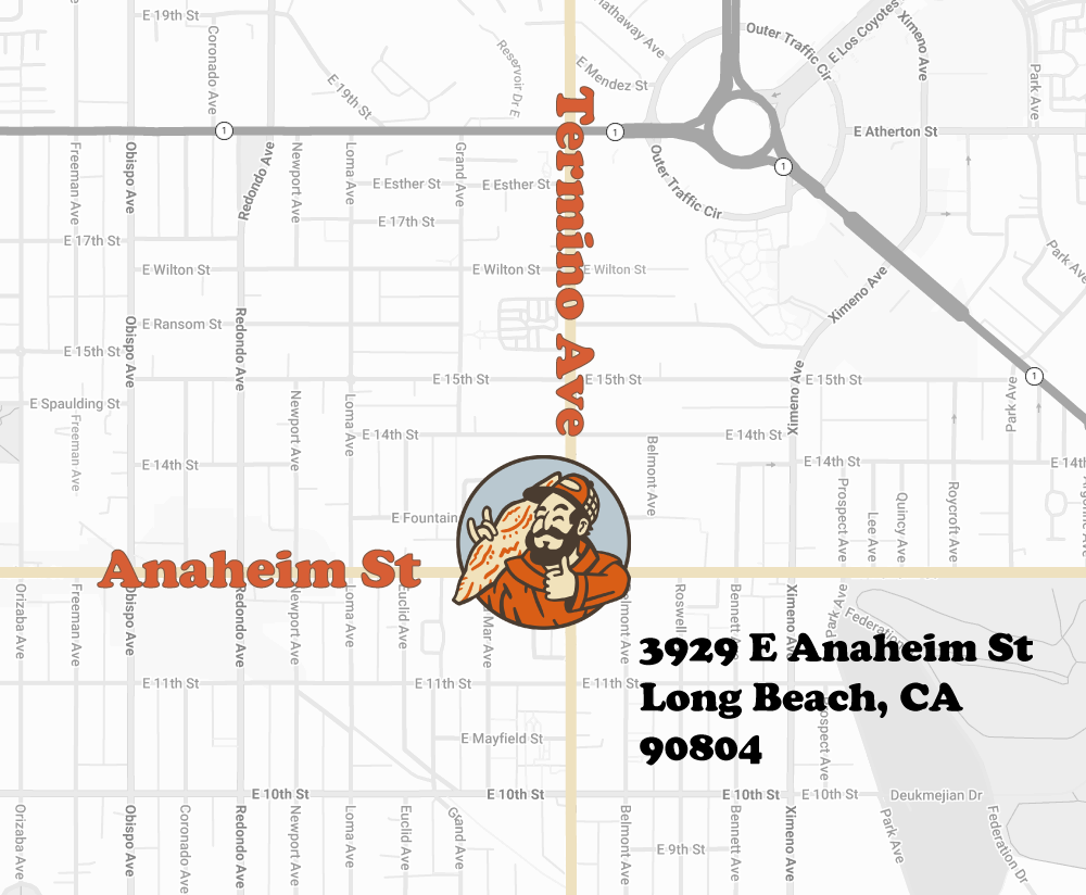 Map showing the location of a business at 3929 E Anaheim St, Long Beach, CA 90804, with street names Anaheim St and Terminal Ave, and an illustration of a man with a beard, wearing a cap, giving a thumbs up.