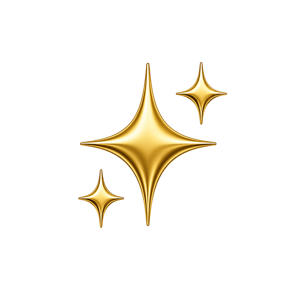 Three gold star-shaped sparkles on a transparent background.