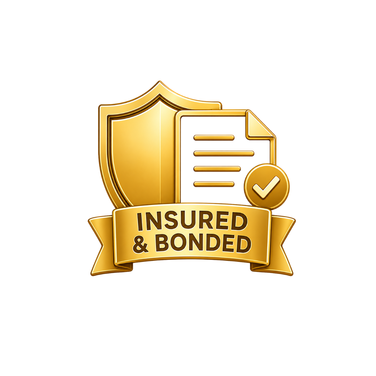 A gold shield with a document icon, a check mark, and a banner that reads "Insured & Bonded" indicating insurance and bonding security.