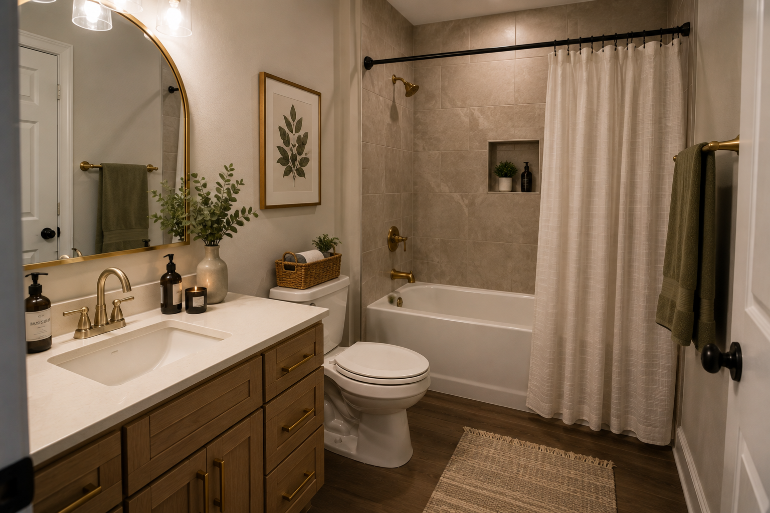 A cozy bathroom with a wooden vanity, white countertop, and a large mirror. Decor includes framed botanical art, a vase with greenery, and candles. The bathroom features a bathtub with a shower, beige tiled walls, and a cream curtain. Towels are hanging on gold bars, and the floor is wood with a woven rug.