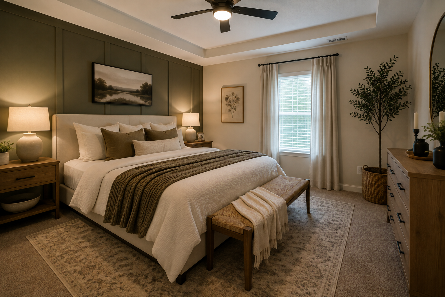 A tastefully decorated bedroom with a bed, two bedside lamps, a dresser, and a bench at the foot of the bed, featuring warm lighting and neutral colors.