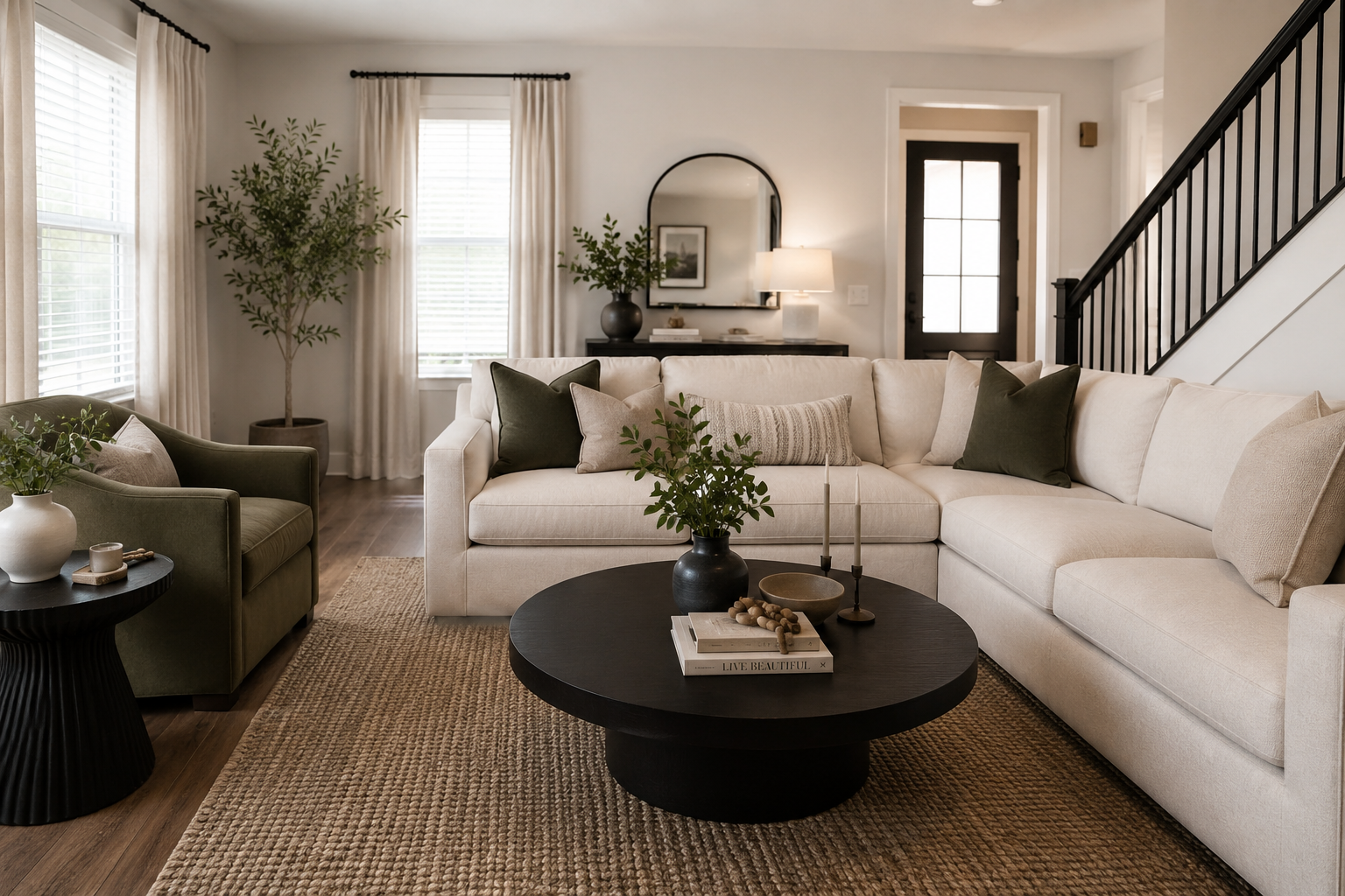 Living room with a white sectional sofa, green and beige pillows, a black coffee table with decorative objects, a green armchair, a side table with a potted plant, a large potted tree, a mirror with a table lamp behind, and a staircase with black railing.