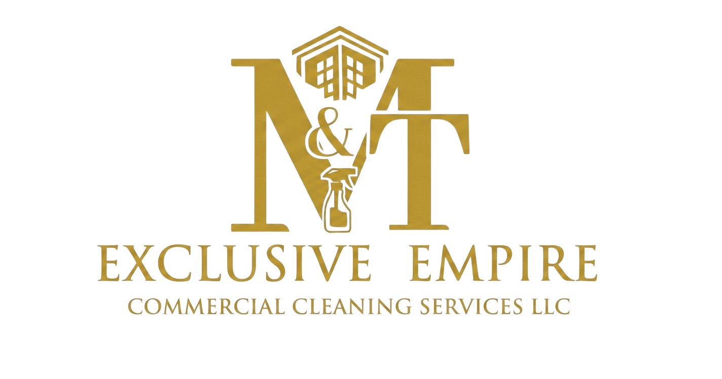 Logo with large gold letters 'M' and 'T' with decorative elements, and text below reading 'EXCLUSIVE EMPIRE' and 'COMMERCIAL CLEANING' in gold.