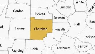 Map highlighting Cherokee County in the state of Georgia.