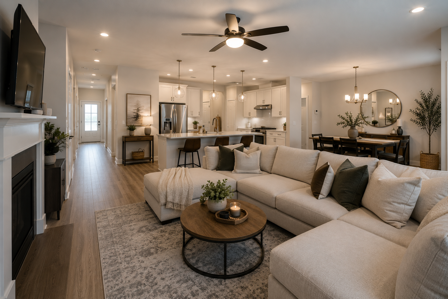 Open-concept living room, dining area, and kitchen in a modern home with neutral colors, wooden flooring, and contemporary furniture and decor.
