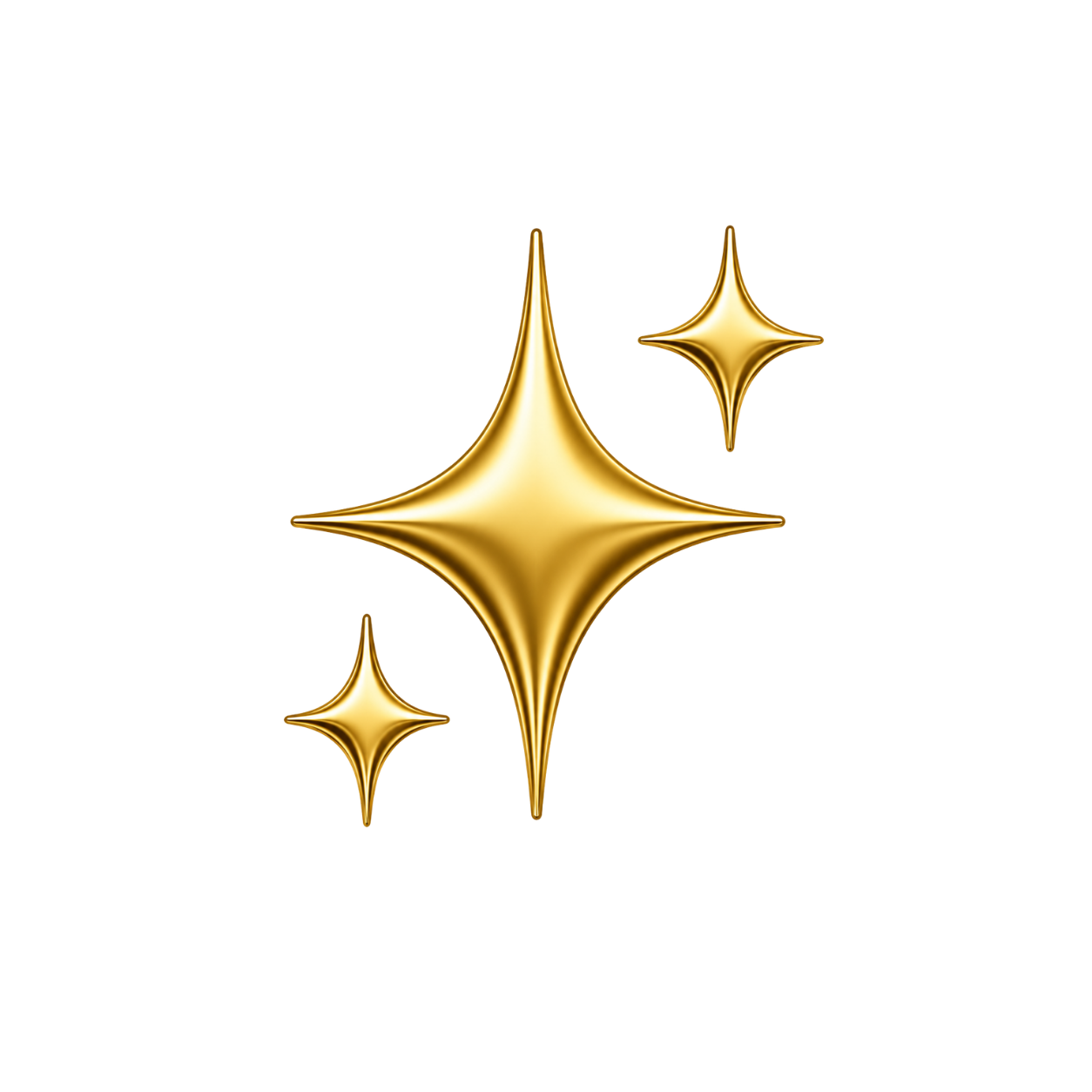 Three shiny, gold, star-shaped sparkles of varying sizes on a transparent background.