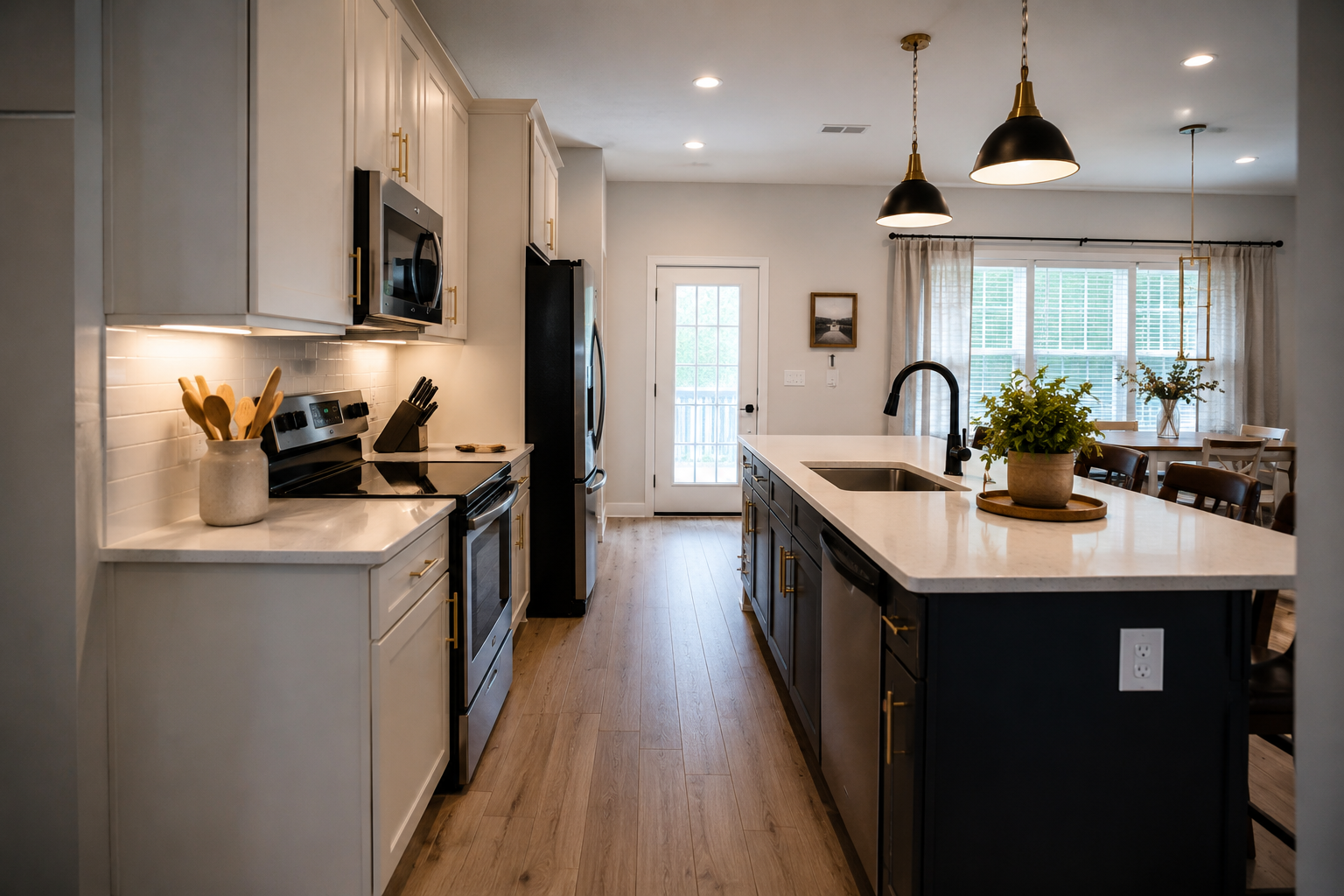 Modern kitchen with white and black cabinets, wooden flooring, and a spacious island with a plant. Includes black and white appliances, pendant lights, and a dining area with large window and curtains.