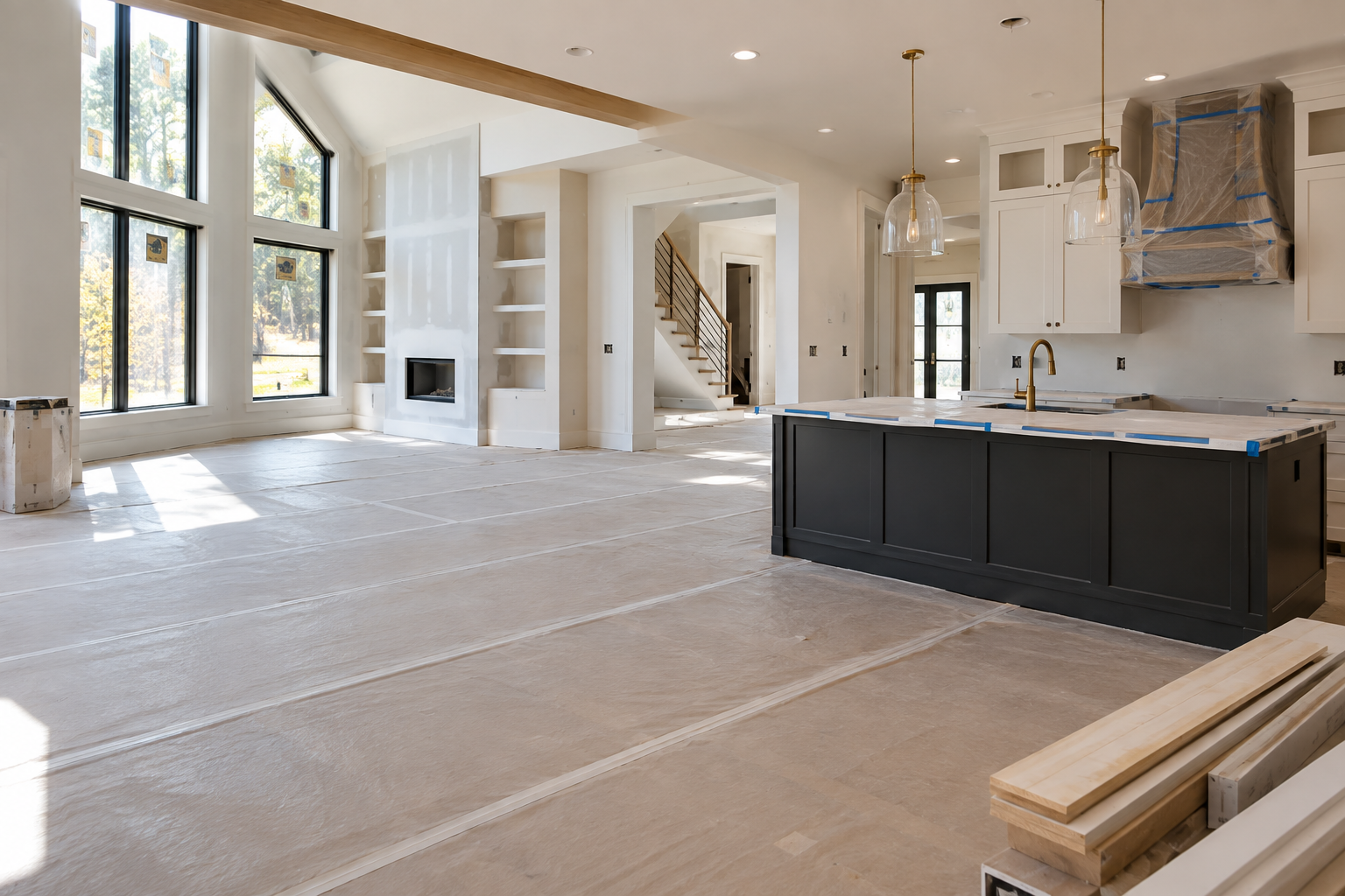 Interior of a house under construction with large windows, a fireplace, open shelving, and a kitchen with a black center island and hanging pendant lights.