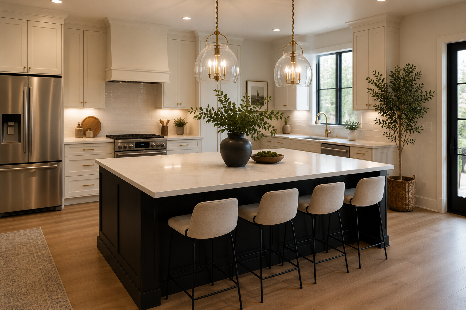 Modern kitchen with white cabinets, stainless steel appliances, a large central island with a black base, beige bar stools, and potted plants, illuminated by pendant lights.