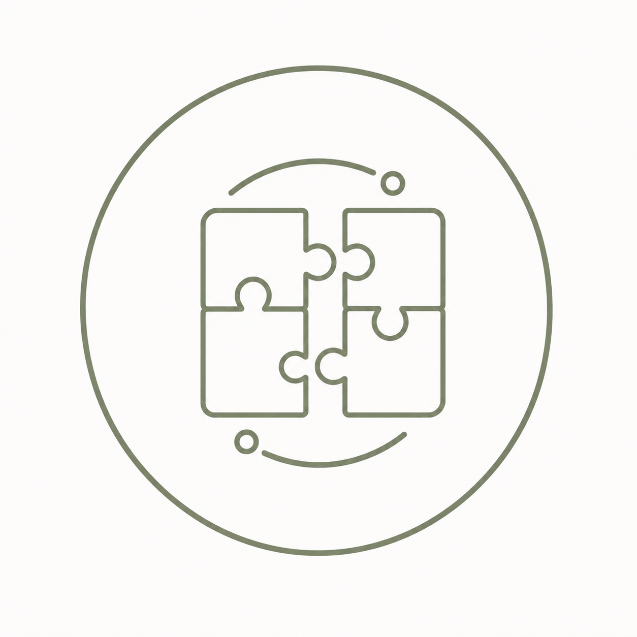Illustration of four interconnected puzzle pieces forming a square inside a circle.