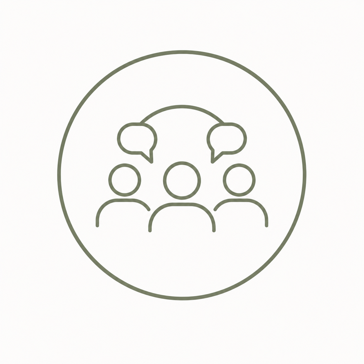 Line drawing of three people having a conversation, with speech bubbles above two of them, enclosed in a circle.