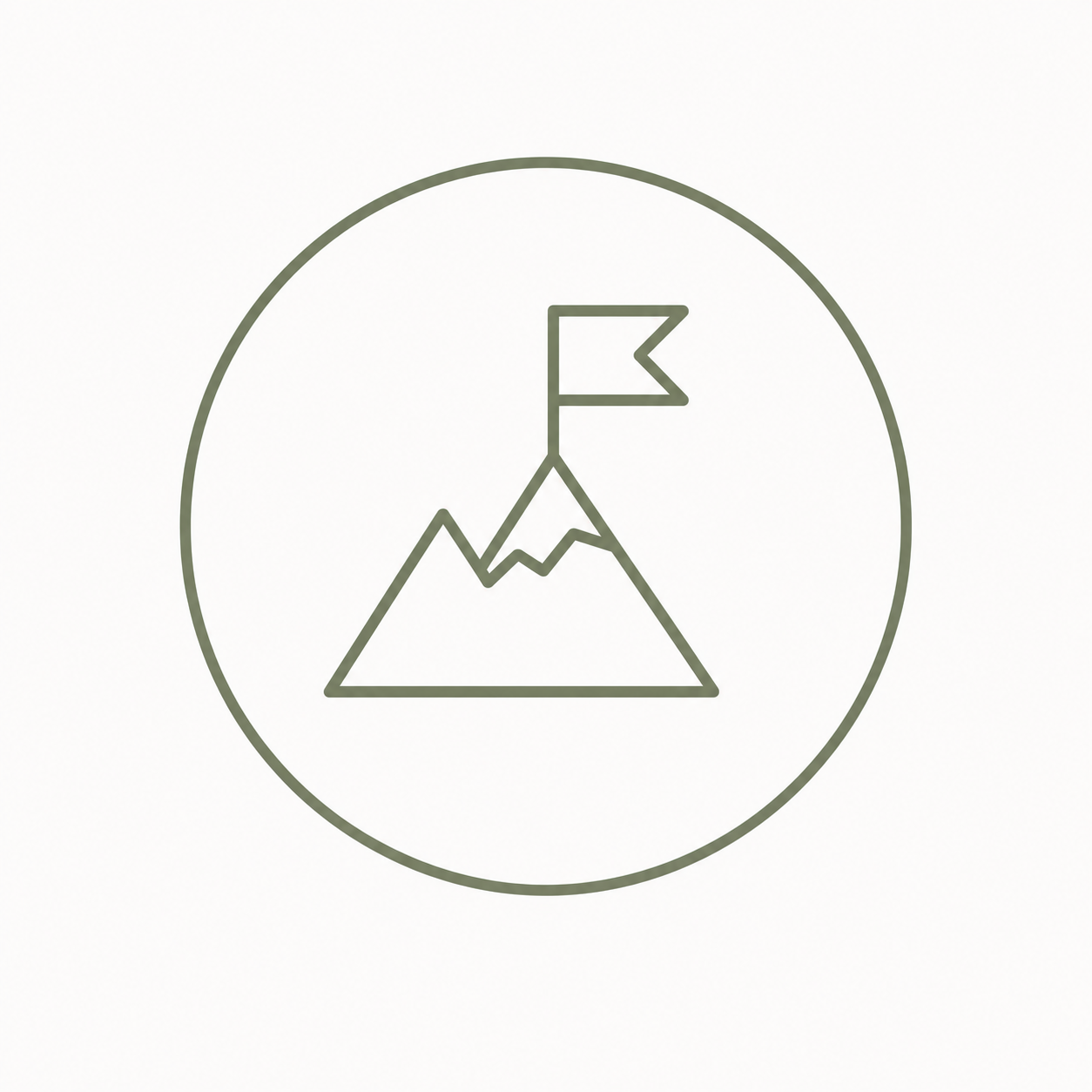 Minimalist icon of a mountain with a flag on top, enclosed in a circle.