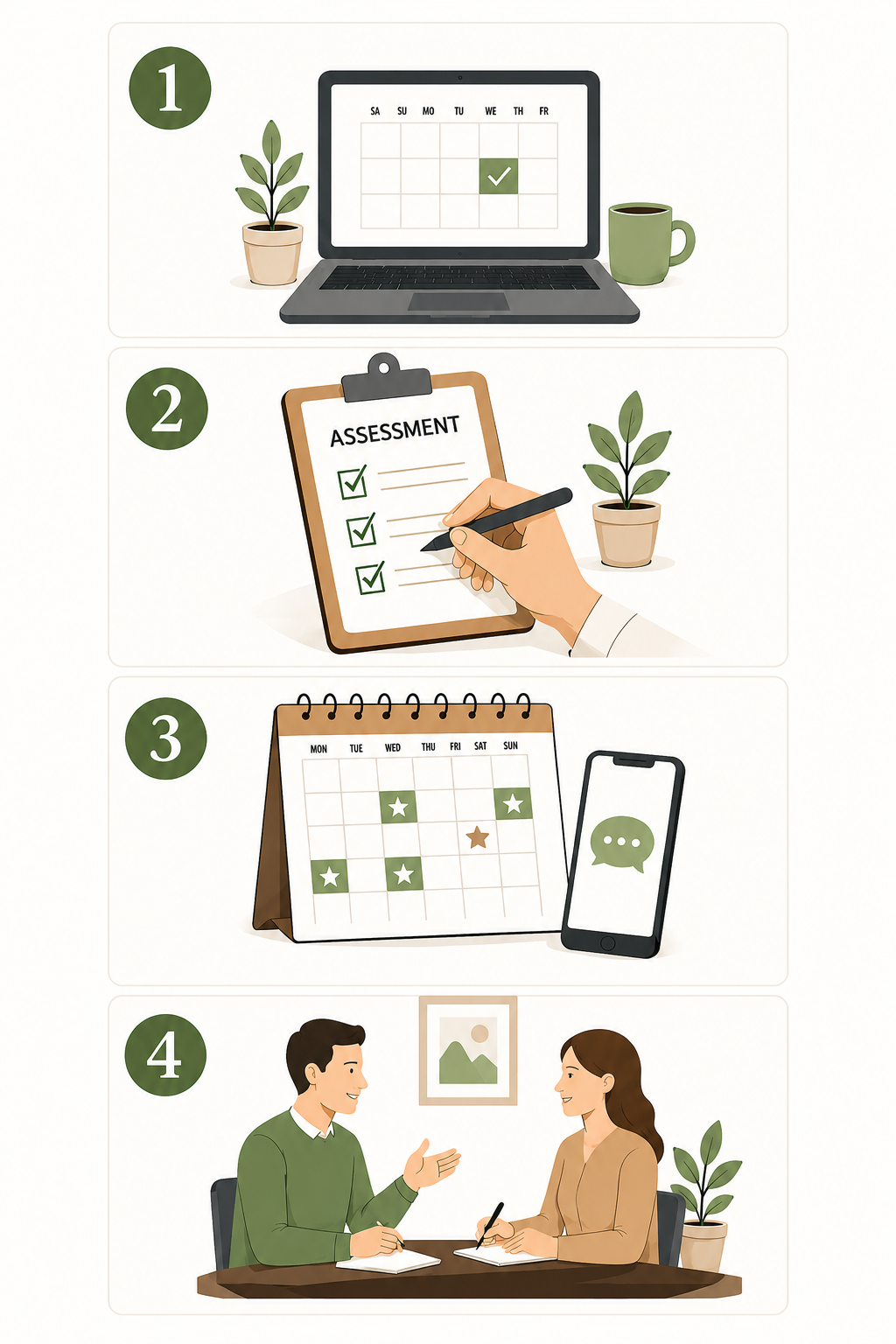 Four-step process: 1. A laptop with a weekly calendar and a coffee mug; 2. A hand checking off items on an assessment form beside a potted plant; 3. A calendar with marked dates and a smartphone with a messaging app open; 4. Two people in a discussion sitting at a table, with a framed photo and potted plant behind them.