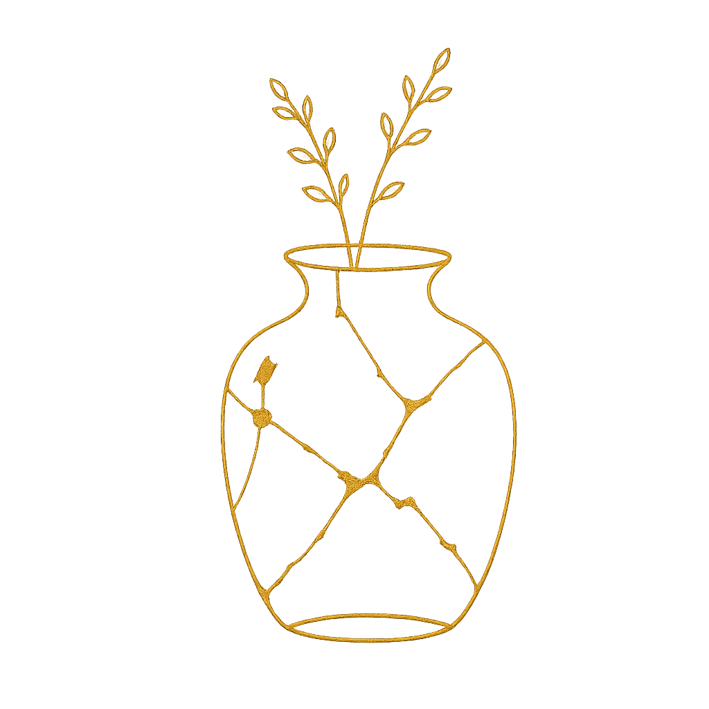 A decorative drawing of a gold-colored vase with cracks, holding two sprigs with small leaves against a black background.