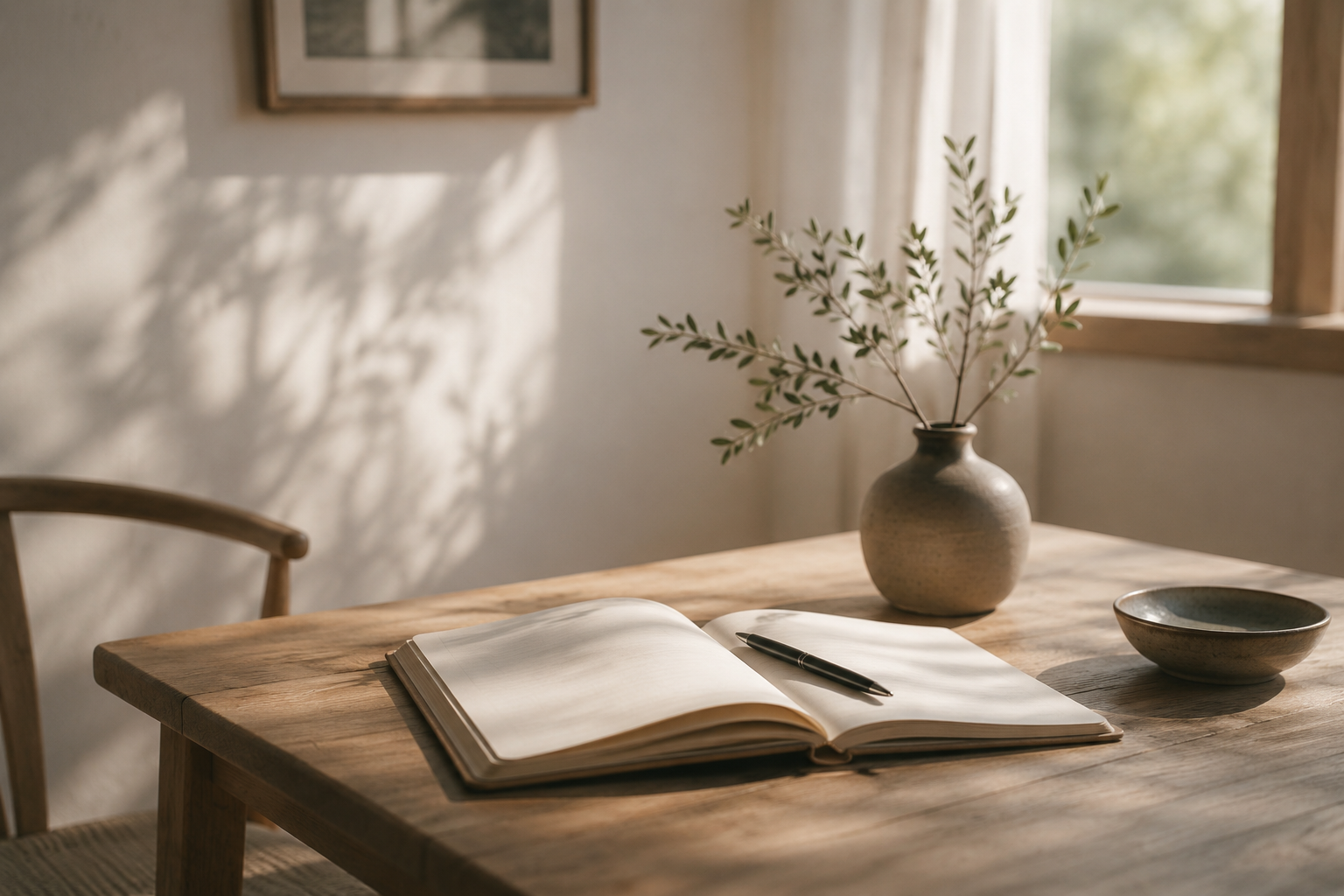 A wooden table with an open notebook and pen, a ceramic vase with greenery, a ceramic bowl, and sunlight coming through a window.