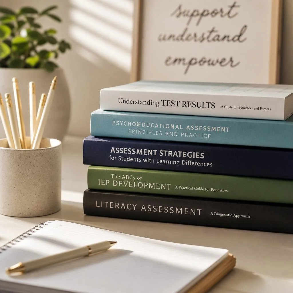 Stack of books on assessment and education topics on a desk with a notebook and pen, next to a cup holding pencils.