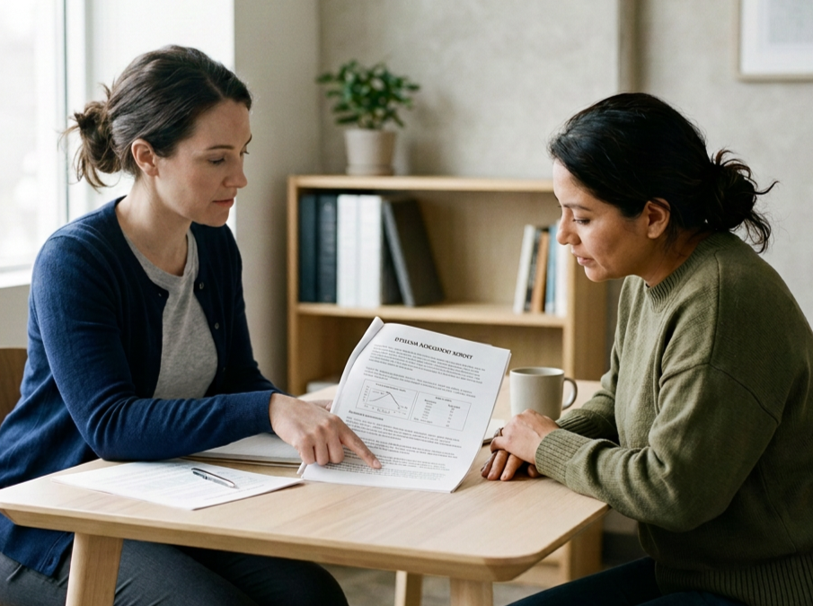 Two women having a serious discussion at a table, looking at a financial document. One woman is pointing to the document, while the other listens attentively. There are books and a plant in the background.