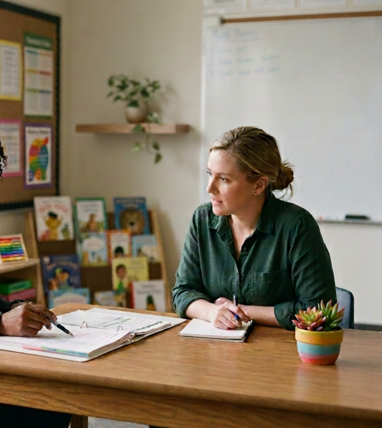 A woman with blonde hair tied back sitting at a classroom table, engaged in a conversation with a person off-camera. The table has notebooks and a colorful succulent plant in a striped pot. Background includes a bookshelf with children's books, a wall-mounted whiteboard, and a potted plant on a shelf.
